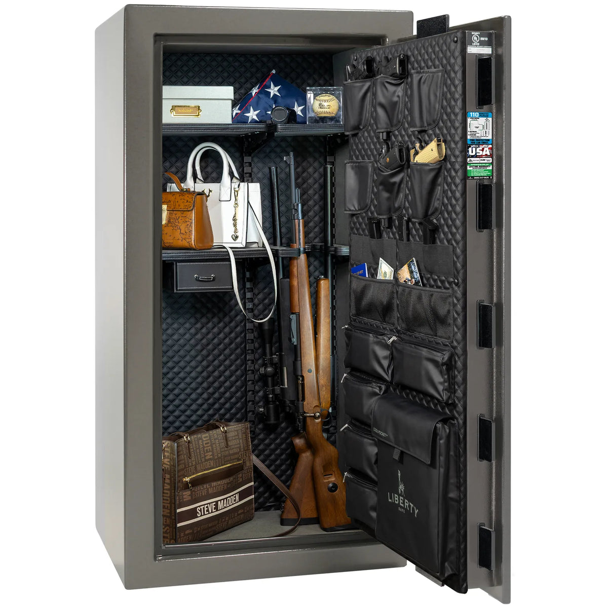 Liberty Franklin 29 safe in Gray Gloss with Black Chrome hardware, Signature Diamond Stitched Leather interior, loaded storage configuration.