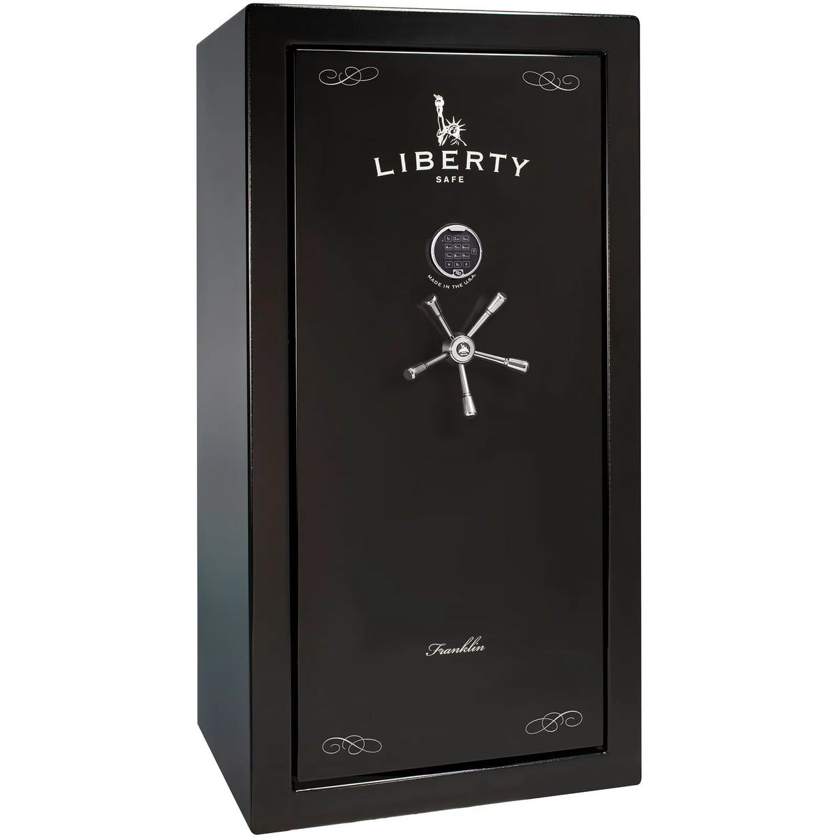 Liberty Franklin 29 safe in Black Gloss with Chrome hardware and S&G electronic lock, exterior view.