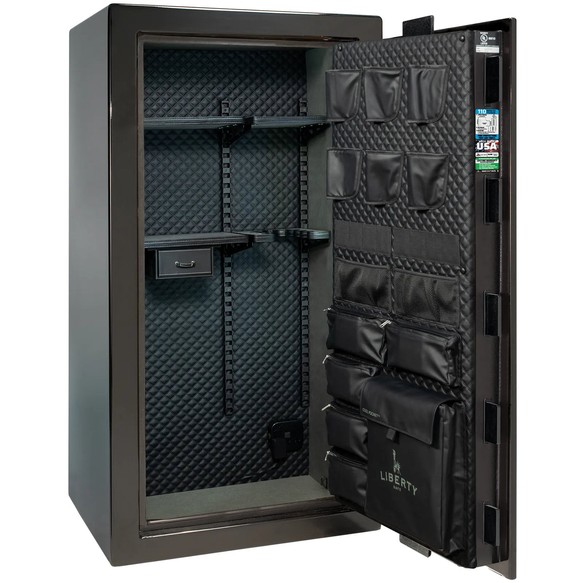 Liberty Franklin 29 safe in Black Gloss with Chrome hardware, Signature Diamond Stitched Leather interior, empty.