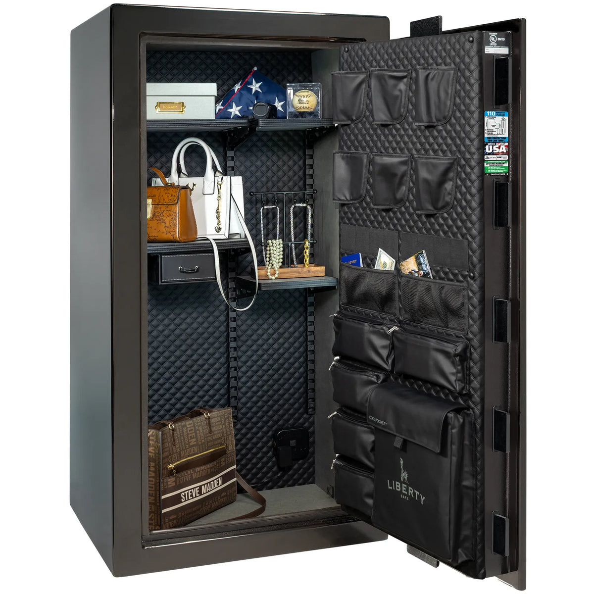 Liberty Franklin 29 safe in Black Gloss with Chrome hardware, Signature Diamond Stitched Leather interior, organized storage without firearms.