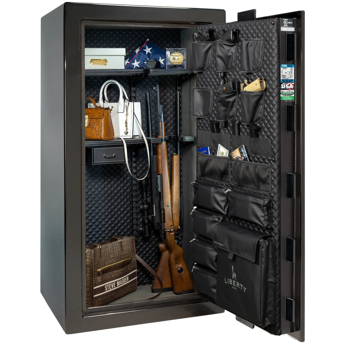 Liberty Franklin 29 safe in Black Gloss with Chrome hardware, Signature Diamond Stitched Leather interior, loaded storage configuration.