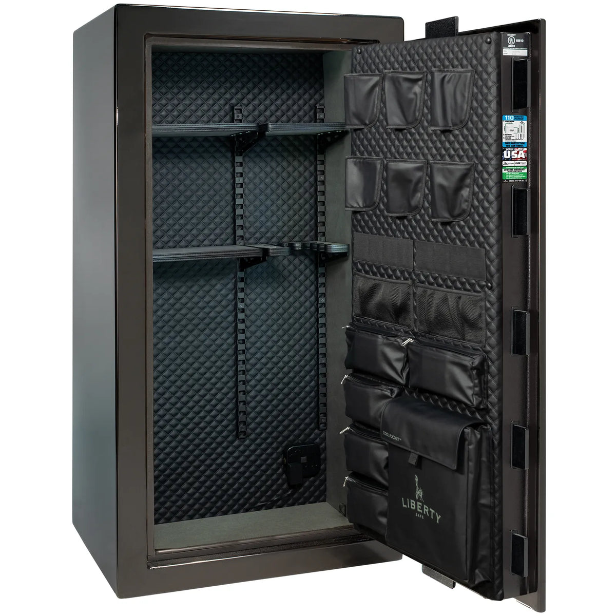 Liberty Franklin 29 safe in Black Gloss with Chrome hardware, Signature Diamond Stitched Leather interior.