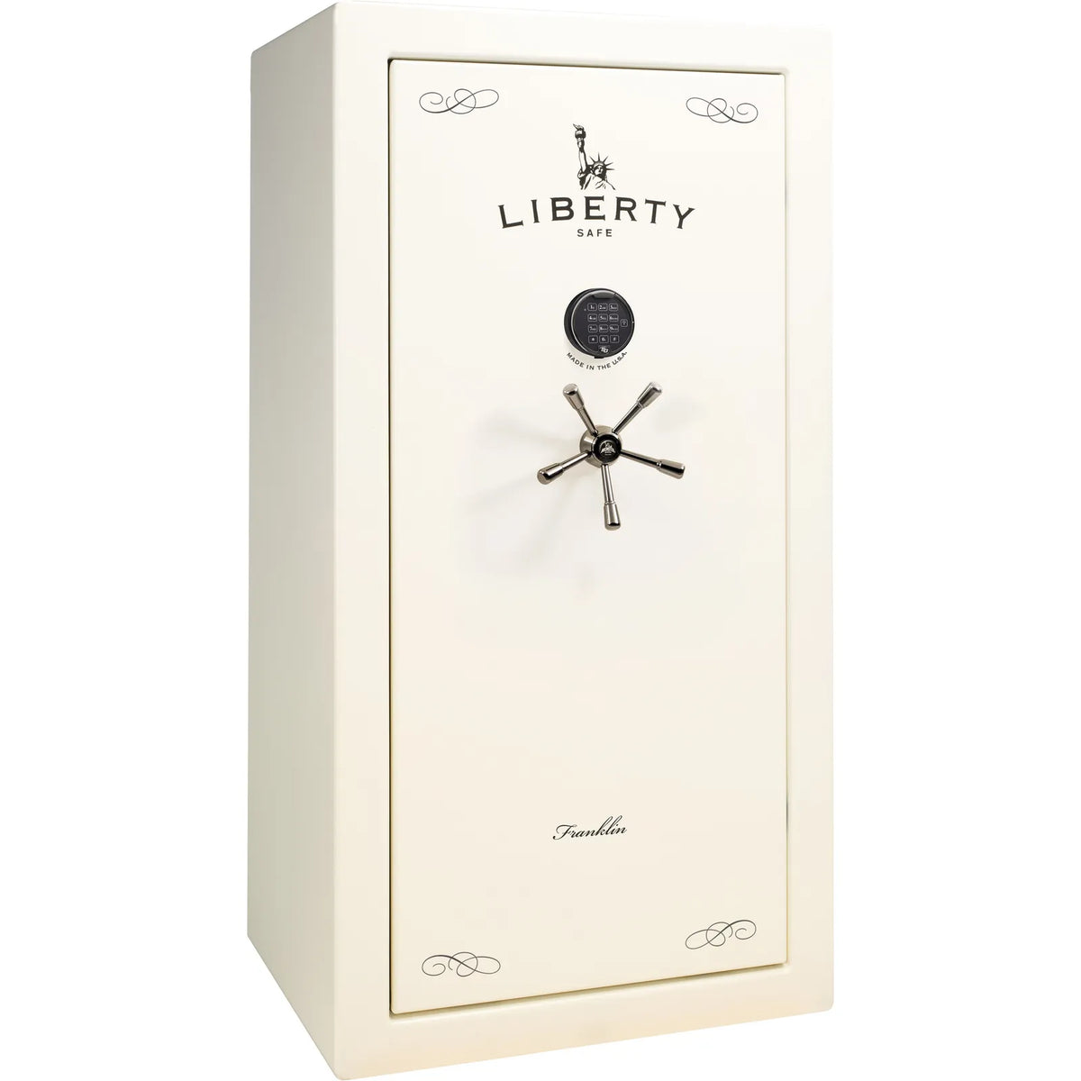 Liberty Franklin 29 safe in White Gloss with Black Chrome hardware and S&G electronic lock, exterior view.