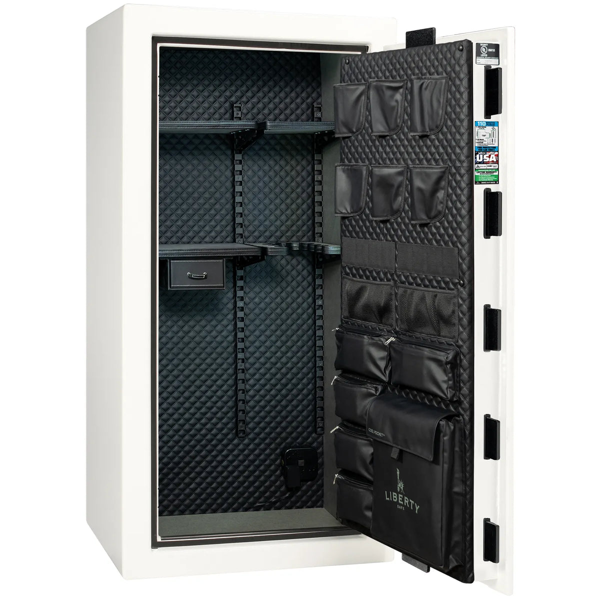 Liberty Franklin 29 safe in White Gloss with Black Chrome hardware, Signature Diamond Stitched Leather interior, empty.