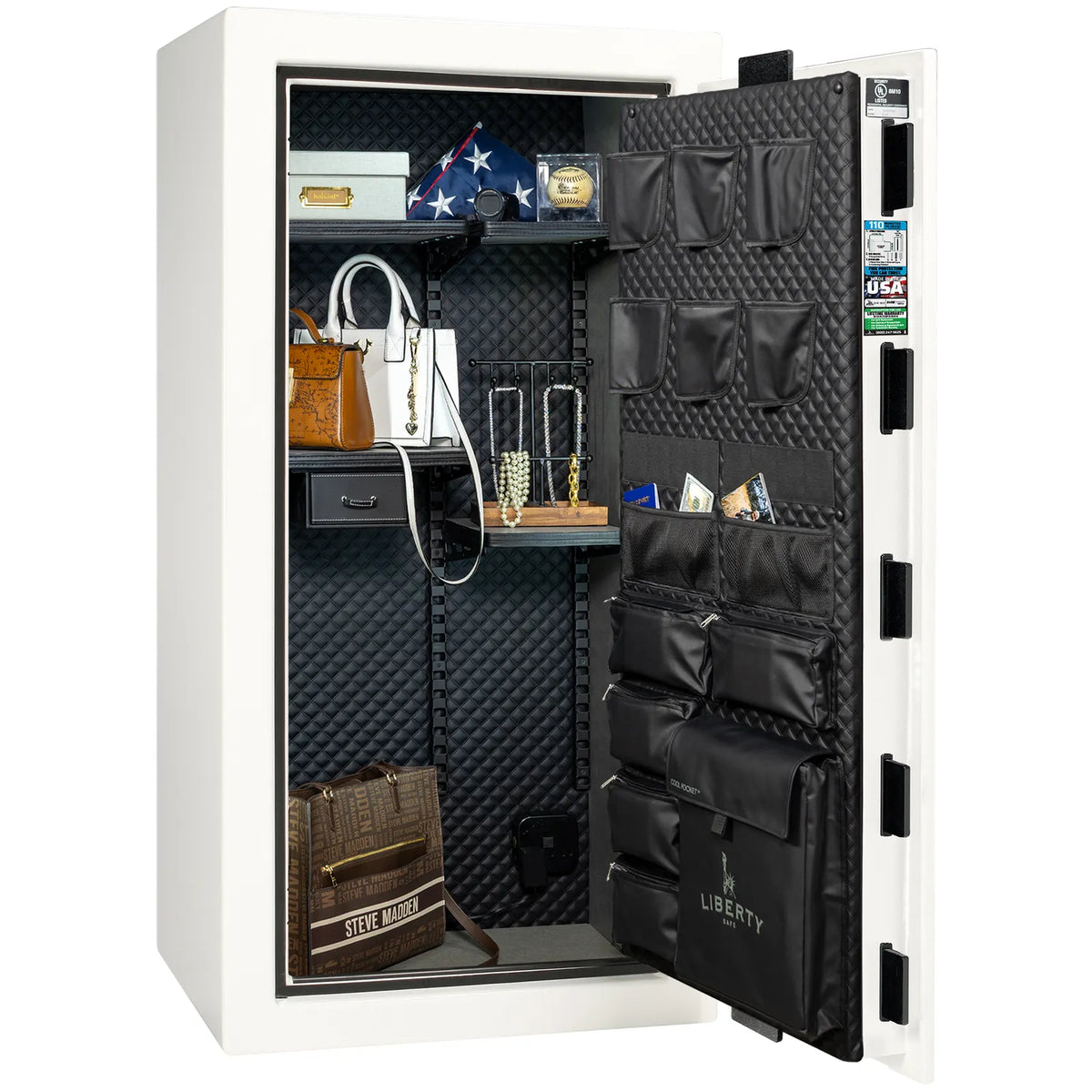 Liberty Franklin 29 safe in White Gloss with Black Chrome hardware, Signature Diamond Stitched Leather interior, organized storage without firearms.
