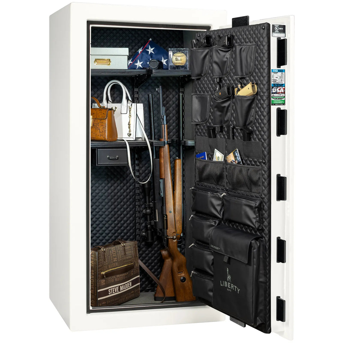 Liberty Franklin 29 safe in White Gloss with Black Chrome hardware, Signature Diamond Stitched Leather interior, loaded storage configuration.