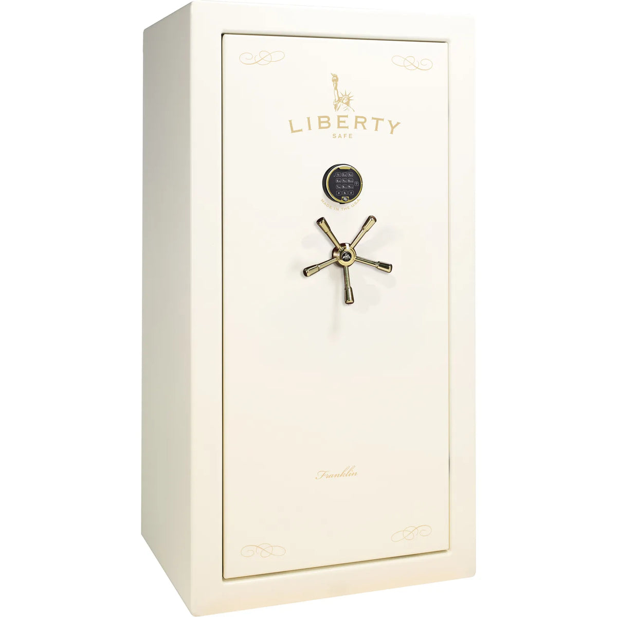 Liberty Franklin 29 safe in White Gloss with Brass hardware and S&G electronic lock, exterior view.