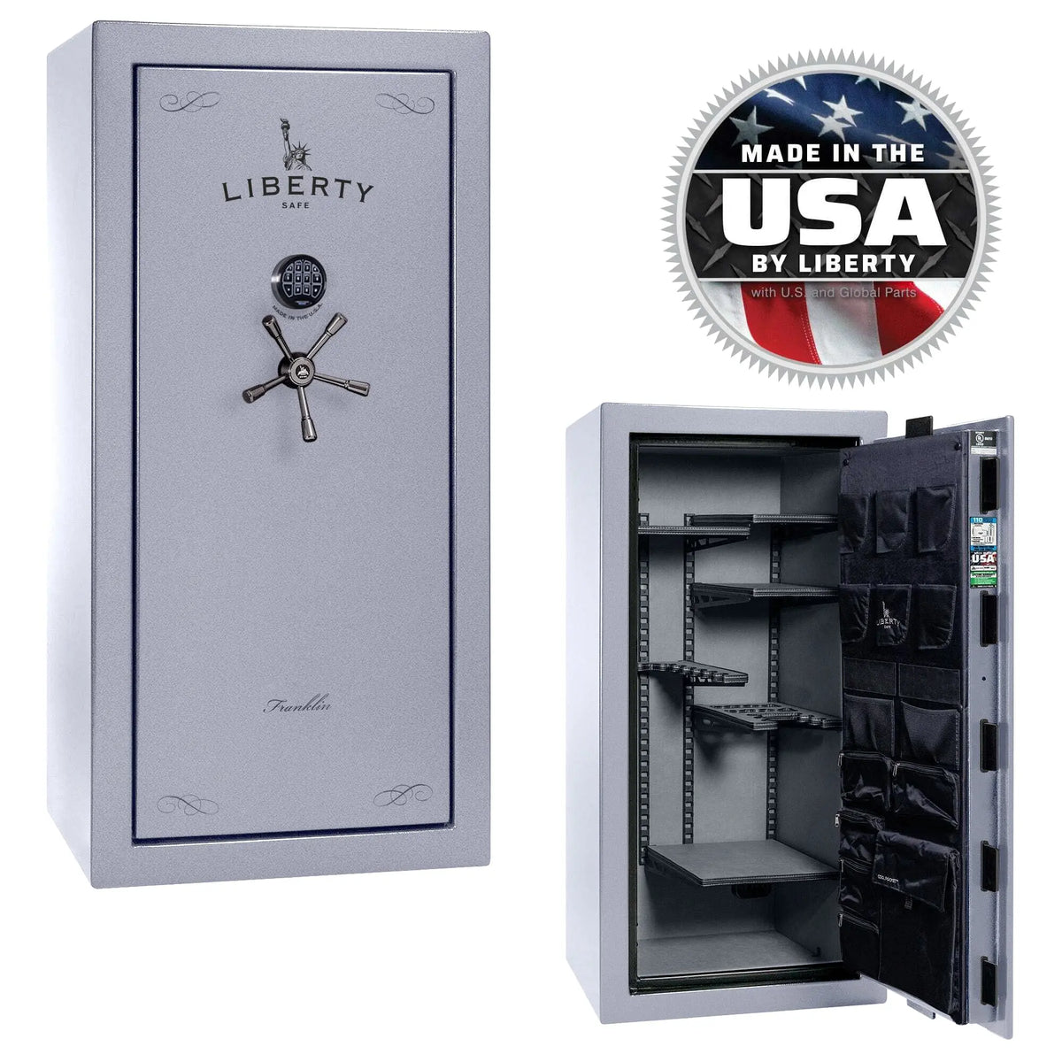 Liberty Franklin 29 gun safe glacial steel exterior and interior view USA made badge Melbourne showroom