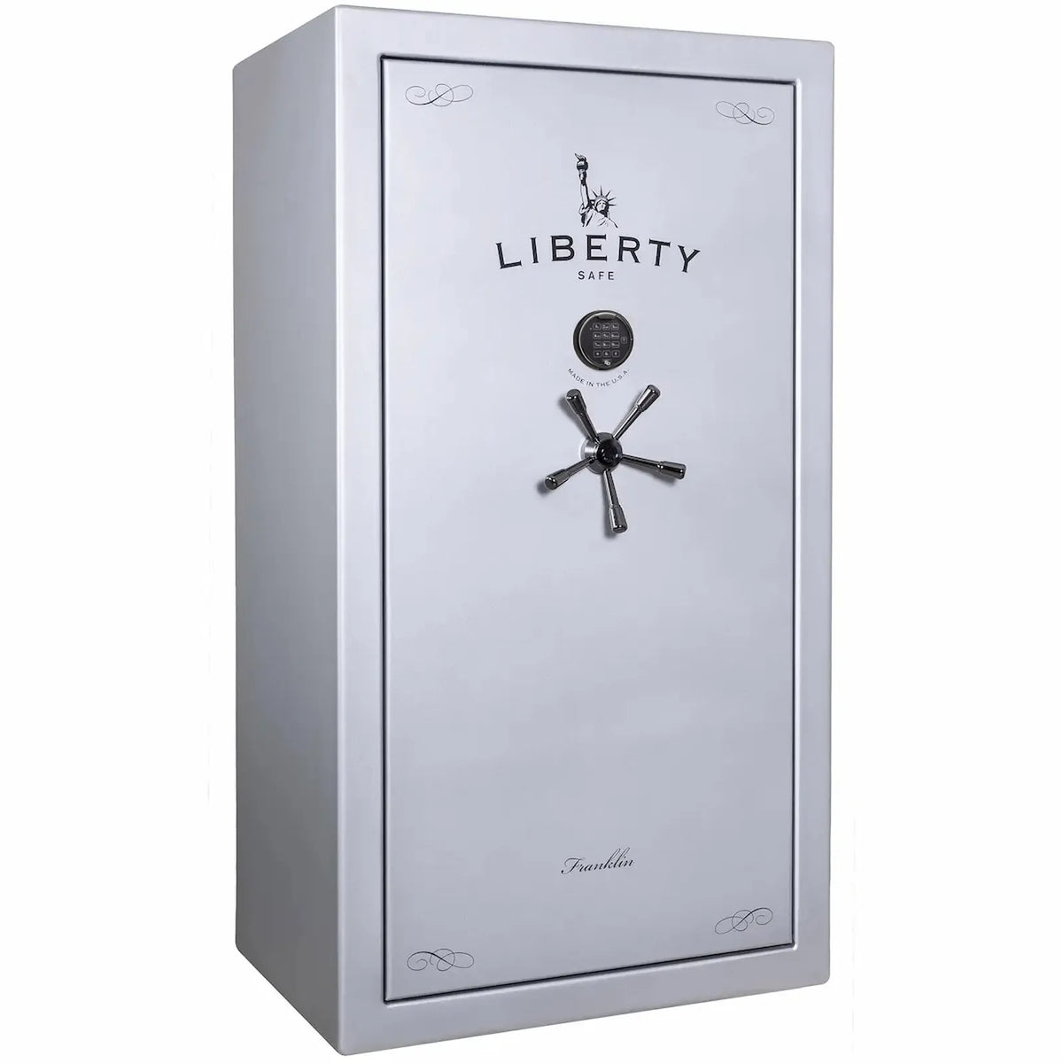 Liberty Franklin 40 safe in Glacial Steel with Black Chrome hardware and S&G electronic lock, exterior view.