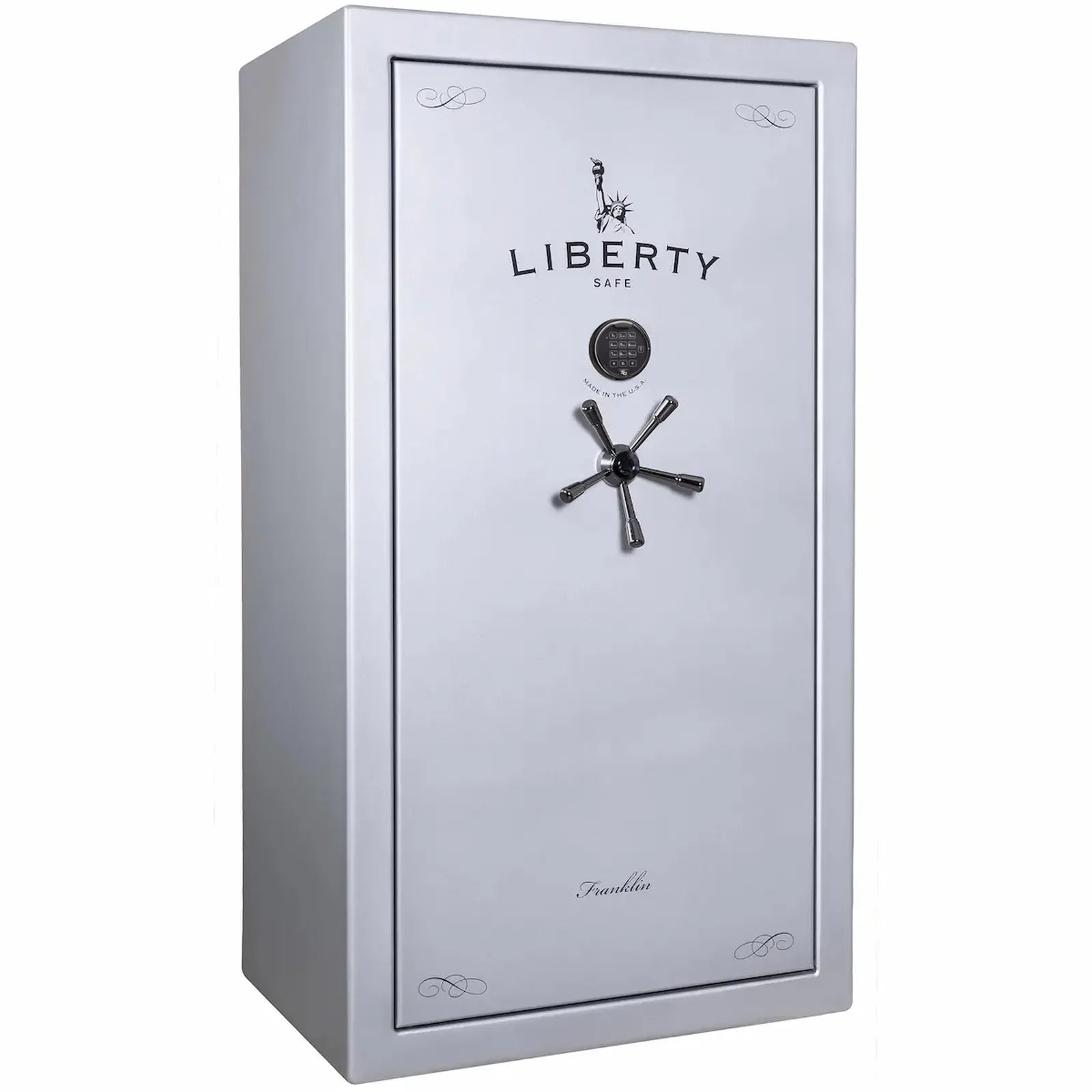 Liberty Franklin 40 safe in Glacial Steel with Black Chrome hardware and S&G electronic lock, exterior view.