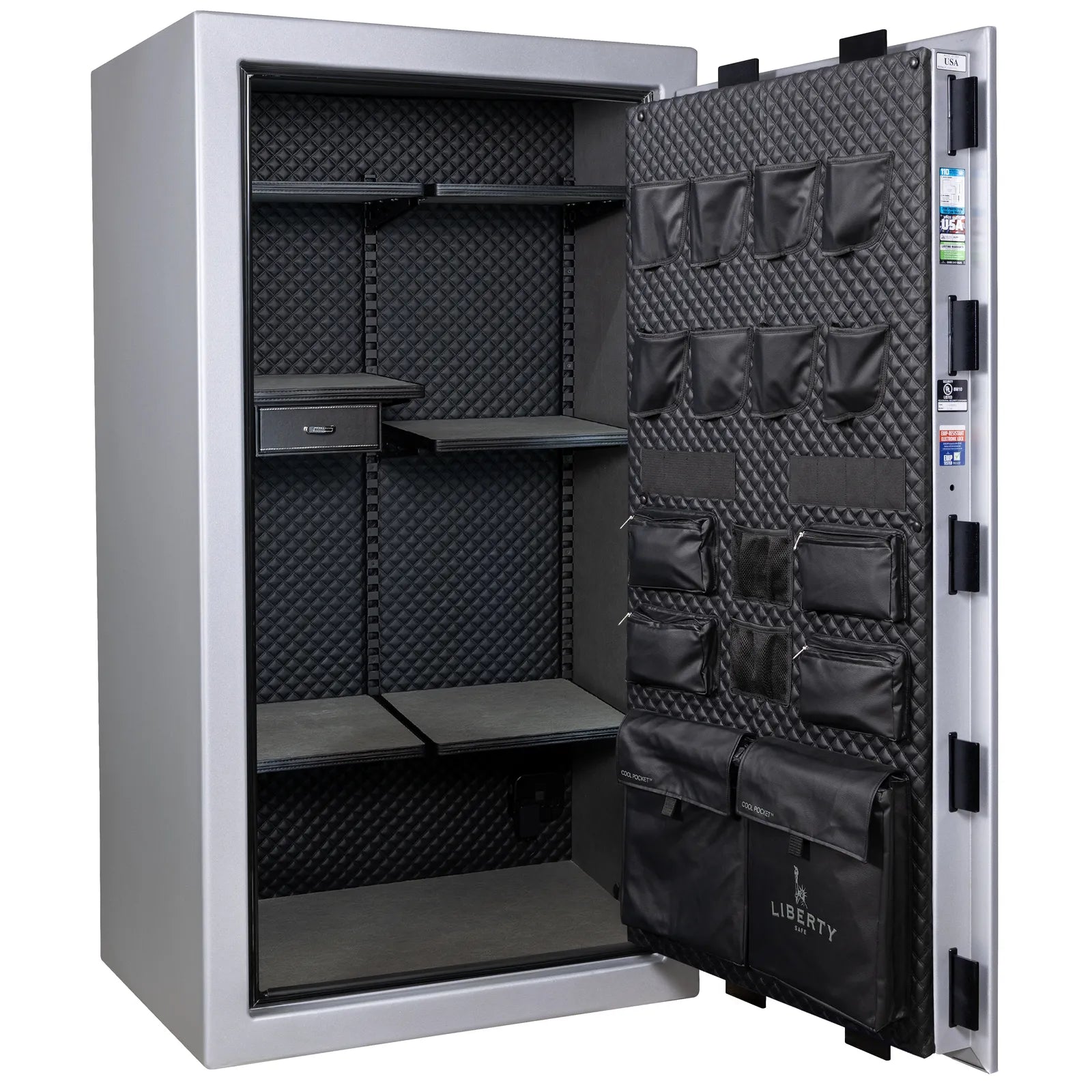 Liberty Franklin 40 safe in Glacial Steel with Black Chrome hardware and S&G electronic lock, exterior view.