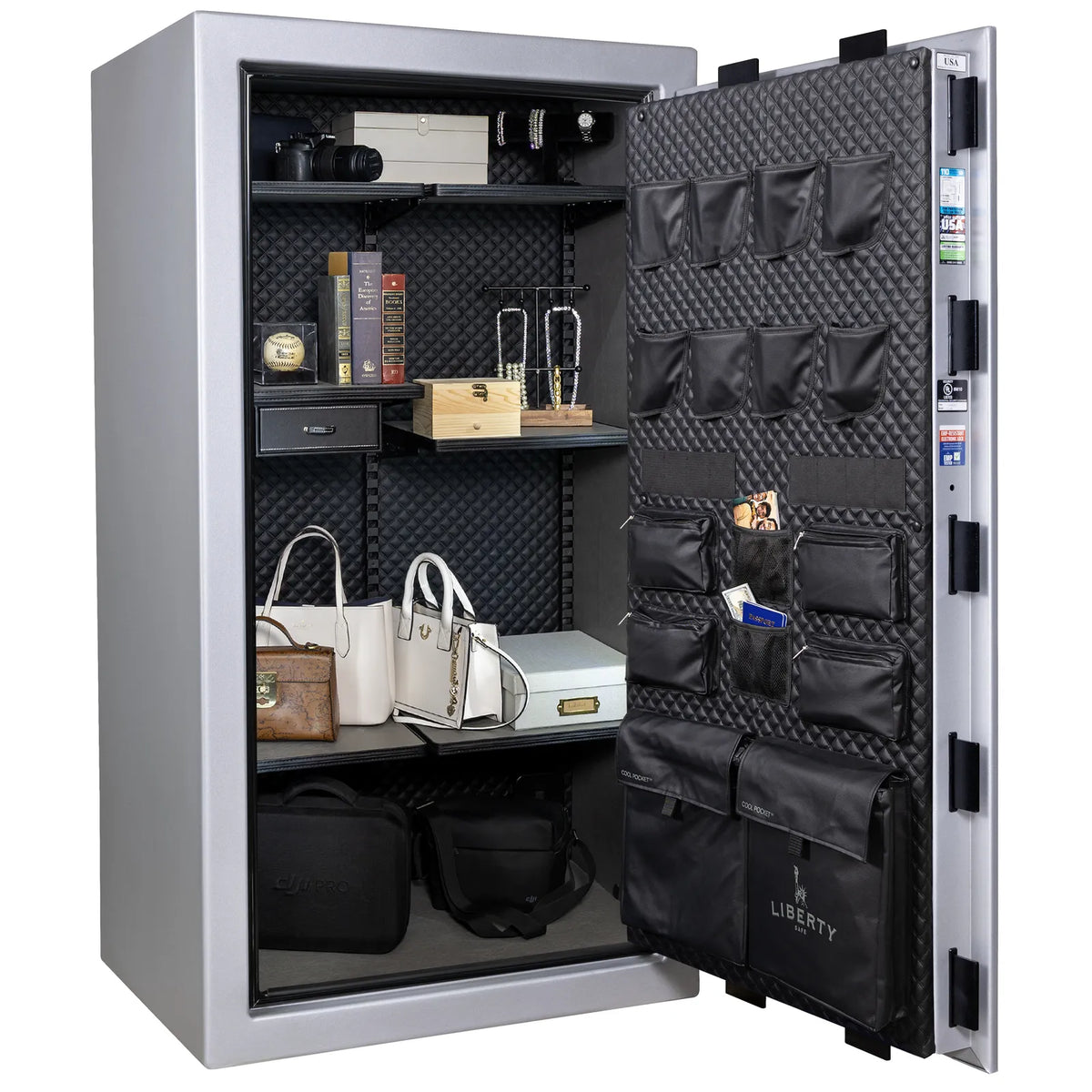 Liberty Franklin 40 safe in Glacial Steel with Black Chrome hardware, Signature Diamond Stitched Leather interior, full storage configuration without firearms.