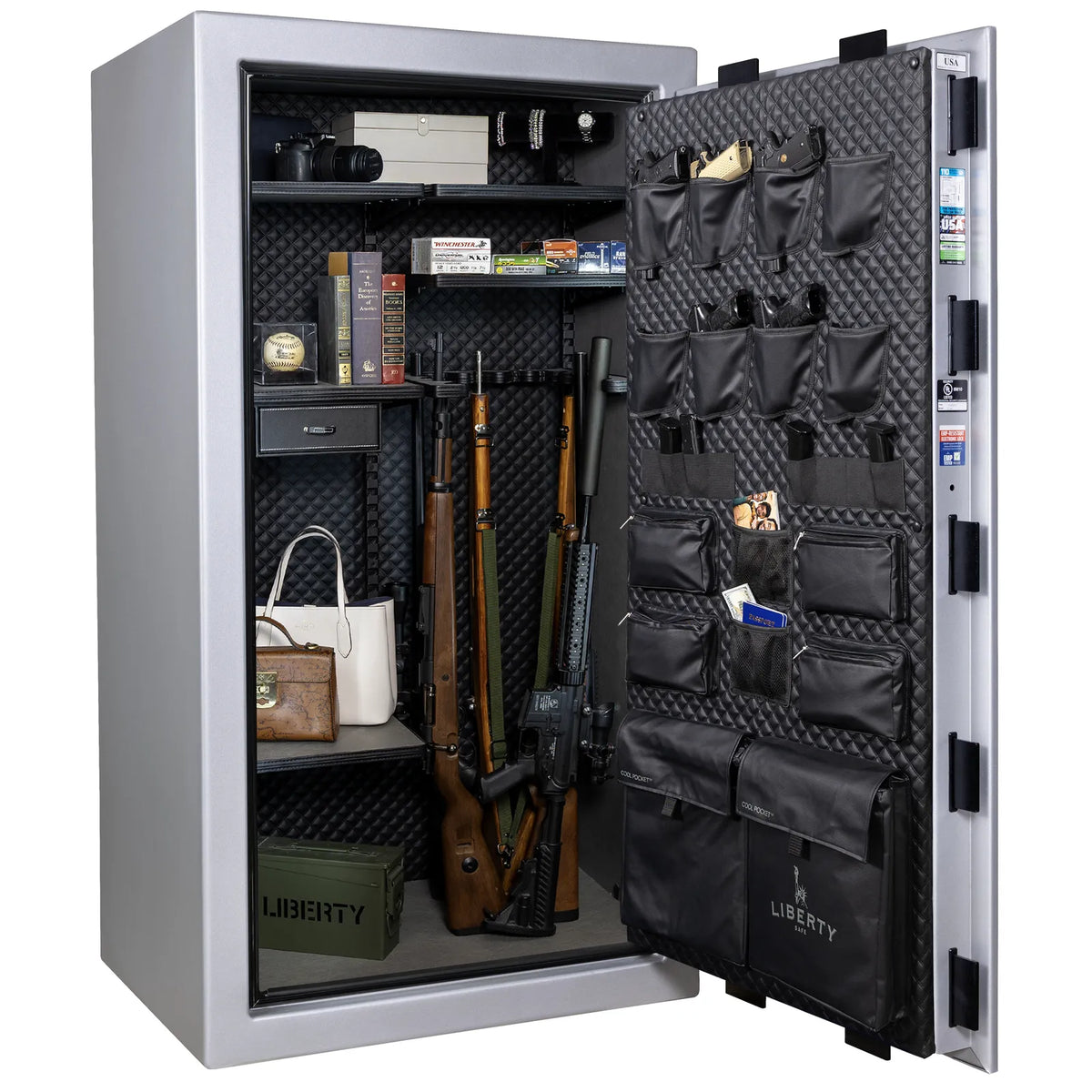 Liberty Franklin 40 safe in Glacial Steel with Black Chrome hardware, Signature Diamond Stitched Leather interior, loaded storage configuration.