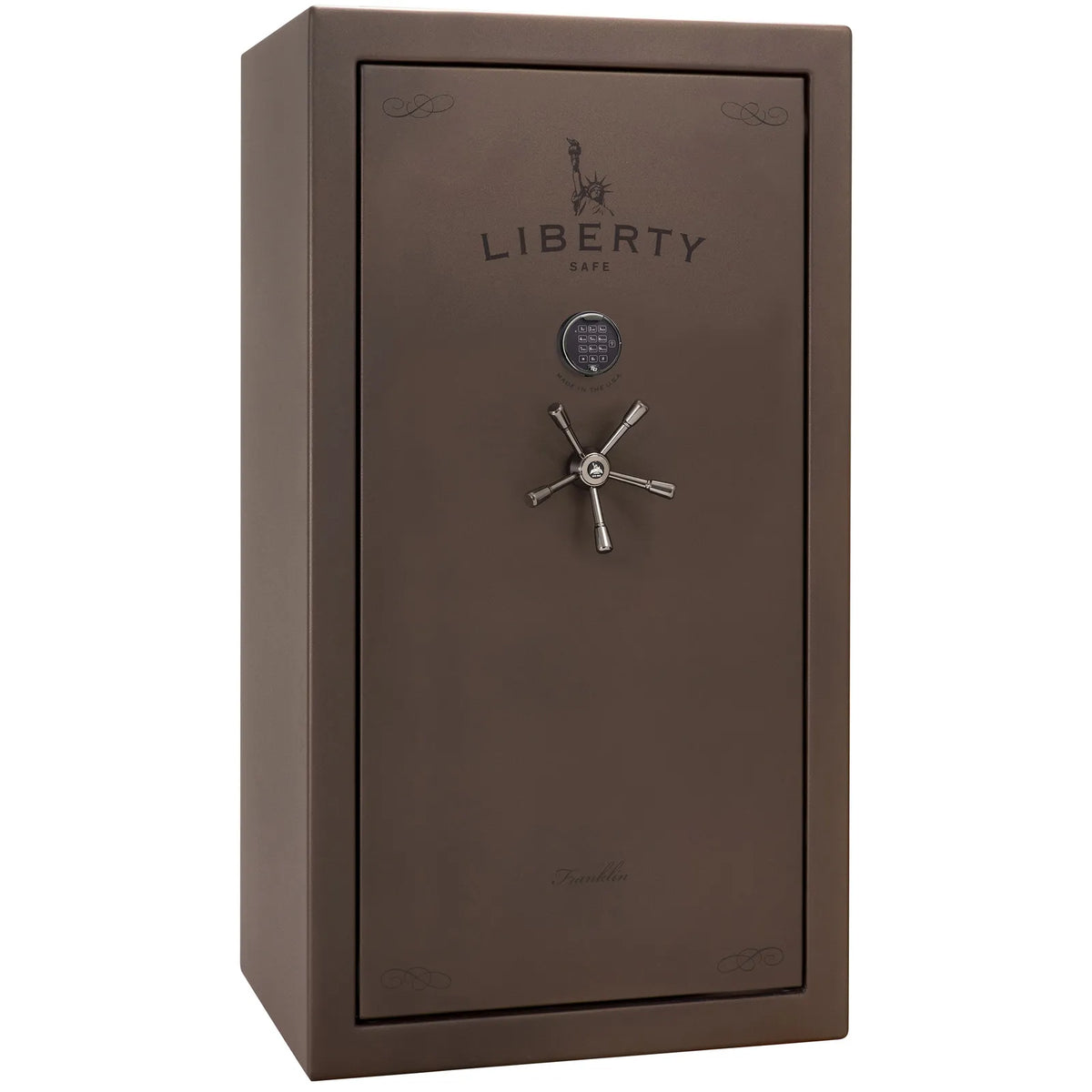 Liberty Franklin 40 safe in Bronze Textured with Black Chrome hardware and S&G electronic lock, exterior view.