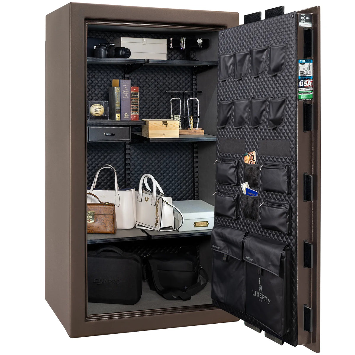 Liberty Franklin 40 safe in Bronze Textured with Black Chrome hardware, Signature Diamond Stitched Leather interior, full storage configuration without firearms.