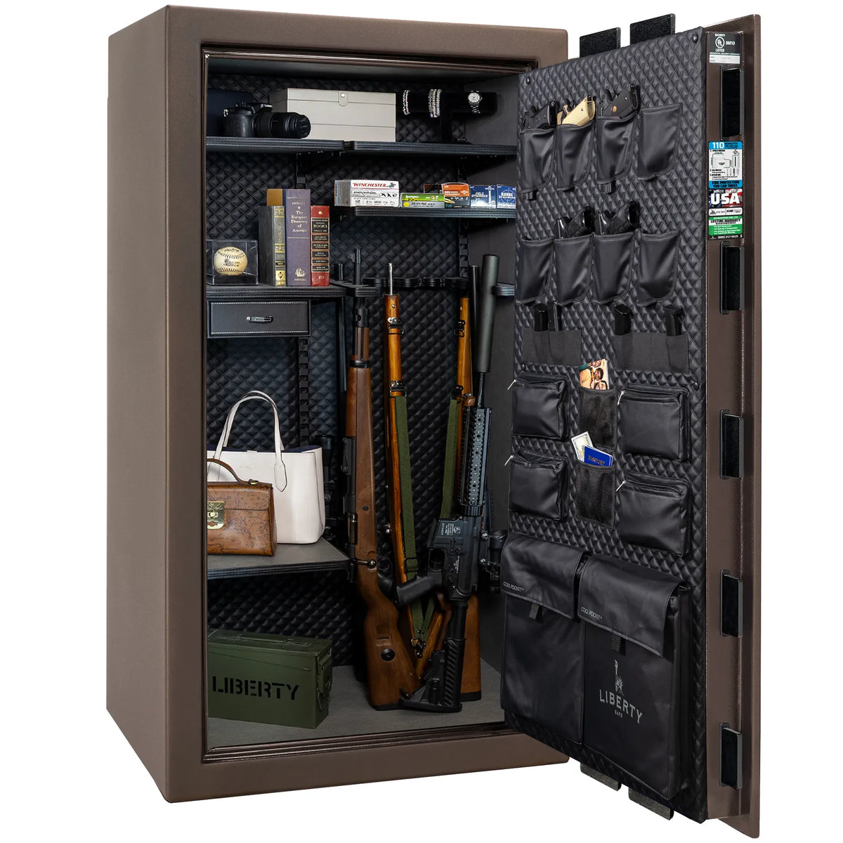 Liberty Franklin 40 safe in Bronze Textured with Black Chrome hardware, Signature Diamond Stitched Leather interior, loaded storage configuration.