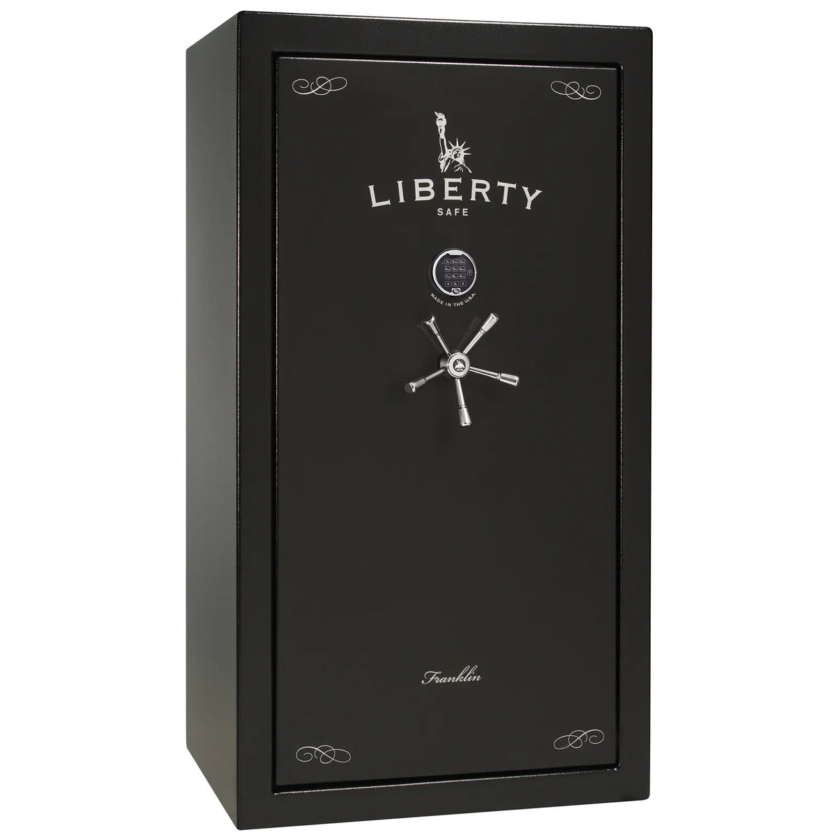 Liberty Franklin 40 safe in Textured Black with Chrome hardware and S&G electronic lock, exterior view.