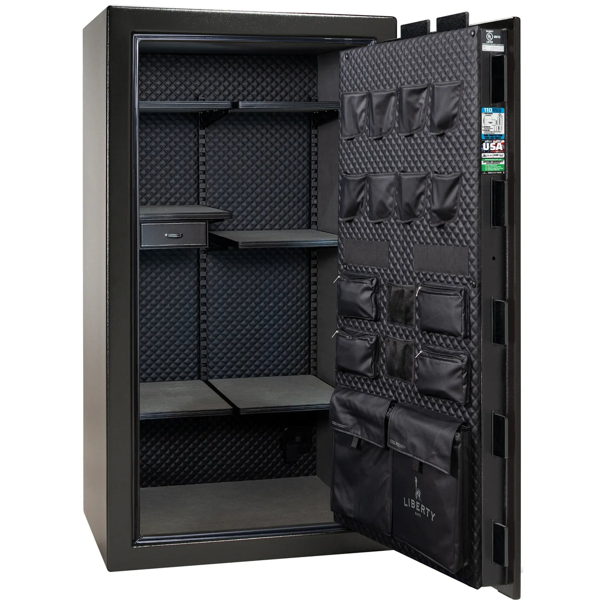Liberty Franklin 40 safe in Textured Black with Chrome hardware, Signature Diamond Stitched Leather interior, empty.