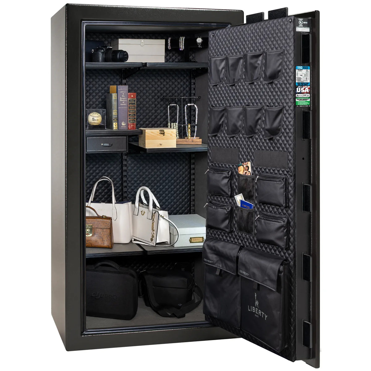 Liberty Franklin 40 safe in Textured Black with Chrome hardware, Signature Diamond Stitched Leather interior, full storage configuration without firearms.