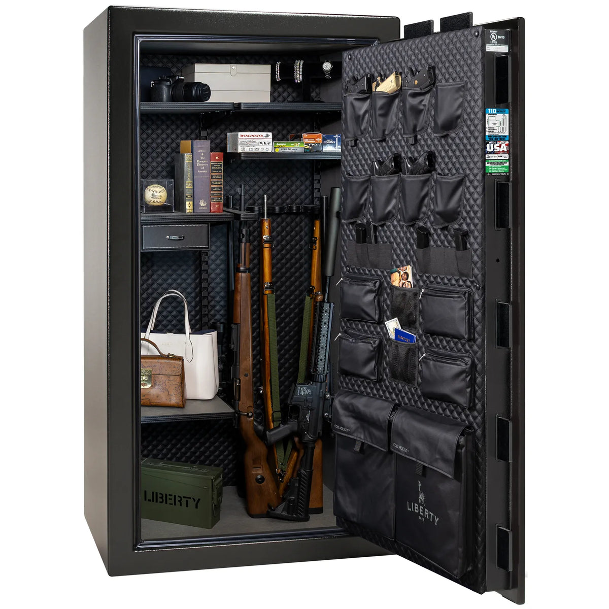 Liberty Franklin 40 safe in Textured Black with Chrome hardware, Signature Diamond Stitched Leather interior, loaded storage configuration.