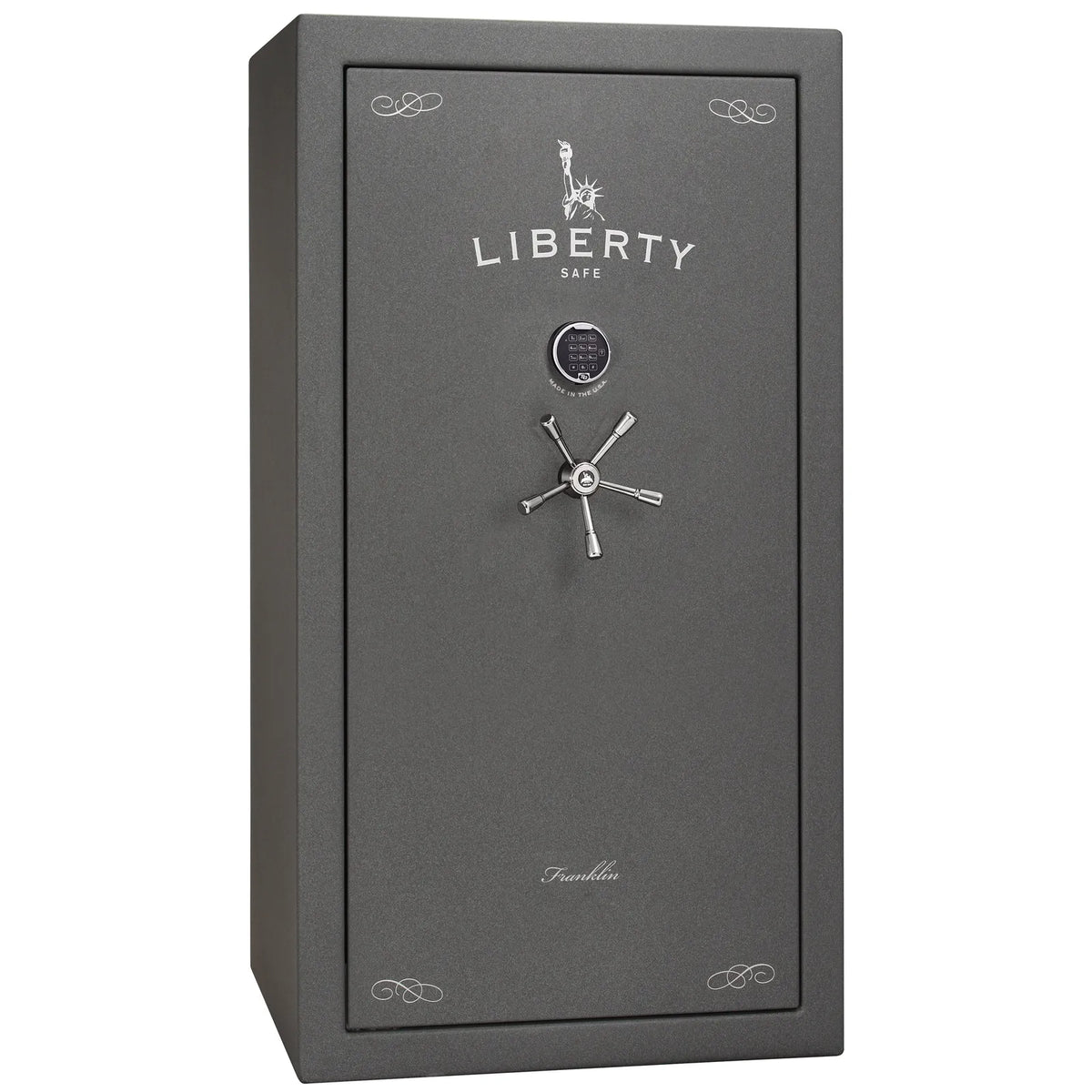 Liberty Franklin 40 safe in Textured Granite with Chrome hardware and S&G electronic lock, exterior view.