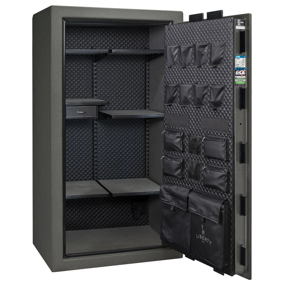 Liberty Franklin 40 safe in Textured Granite with Chrome hardware, Signature Diamond Stitched Leather interior, empty.