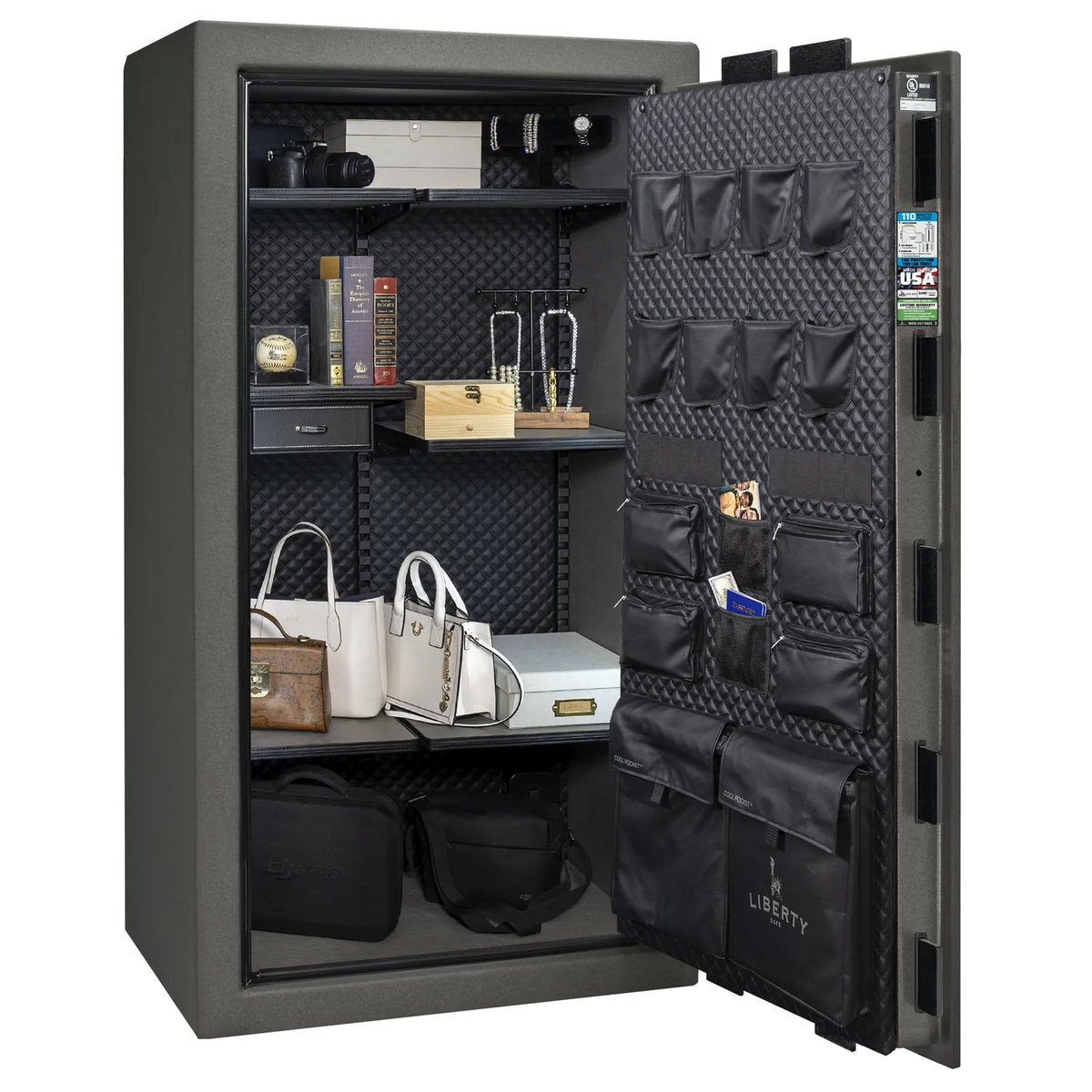 Liberty Franklin 40 safe in Textured Granite with Chrome hardware, Signature Diamond Stitched Leather interior, full storage configuration without firearms.