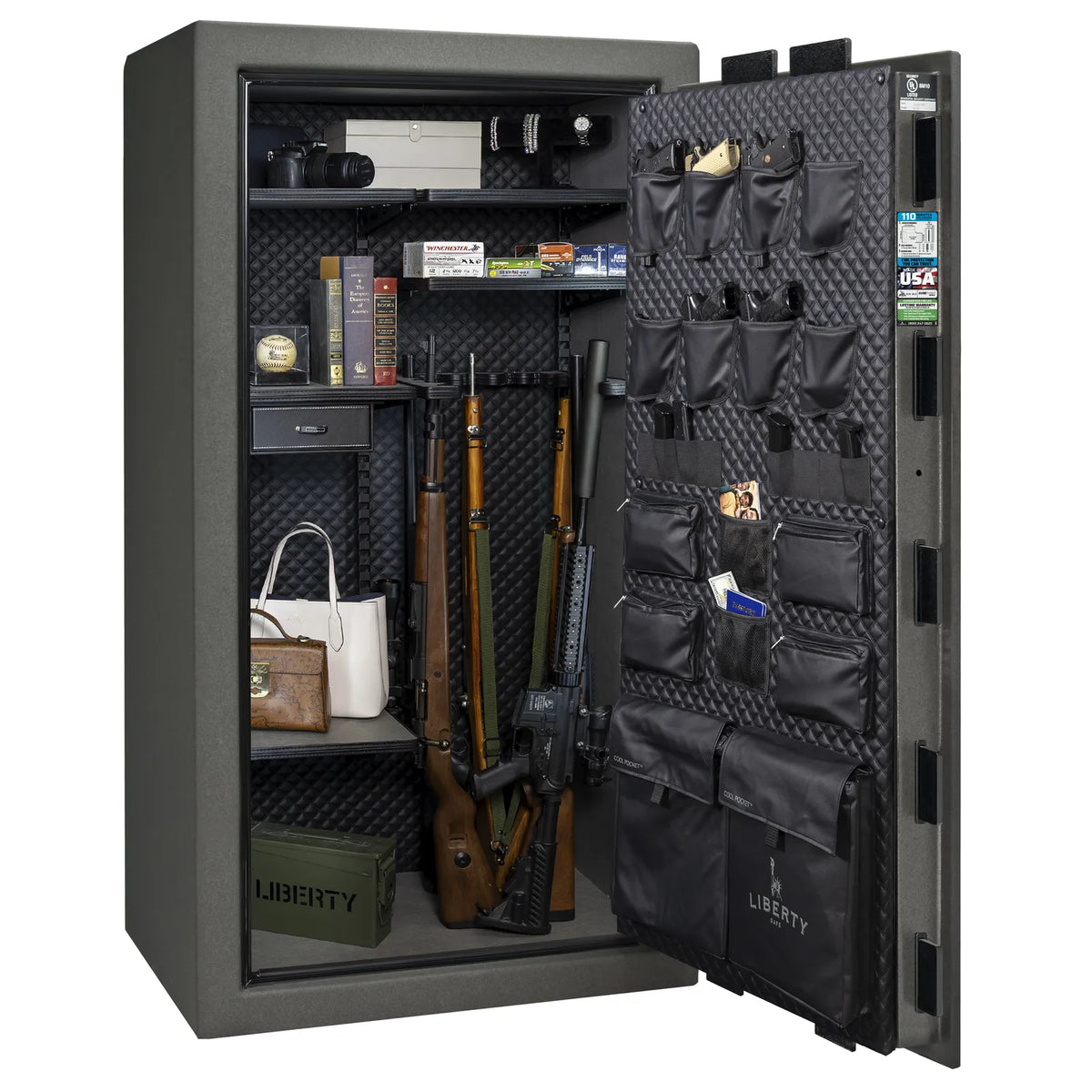 Liberty Franklin 40 safe in Textured Granite with Chrome hardware, Signature Diamond Stitched Leather interior, loaded storage configuration.