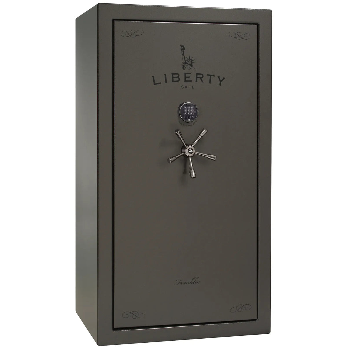 Liberty Franklin 40 safe in Gray Marble with Black Chrome hardware and S&G electronic lock, exterior view.