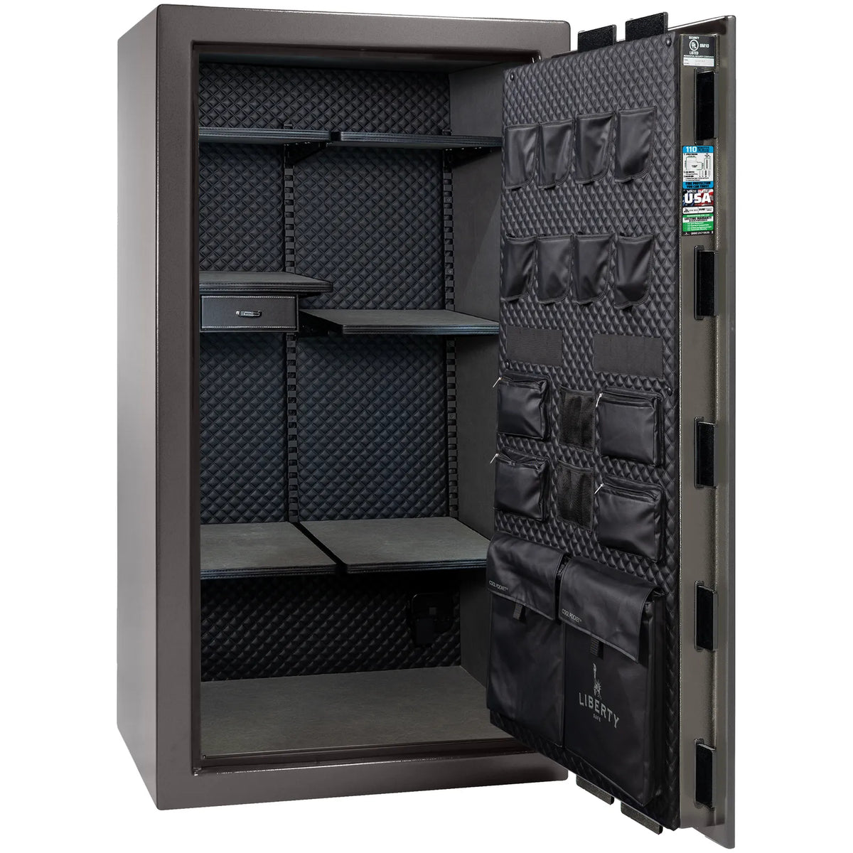 Liberty Franklin 40 safe in Gray Marble with Black Chrome hardware, Signature Diamond Stitched Leather interior, empty.