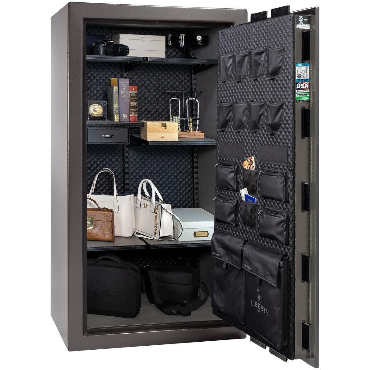 Liberty Franklin 40 safe in Gray Marble with Black Chrome hardware, Signature Diamond Stitched Leather interior, full storage configuration without firearms.