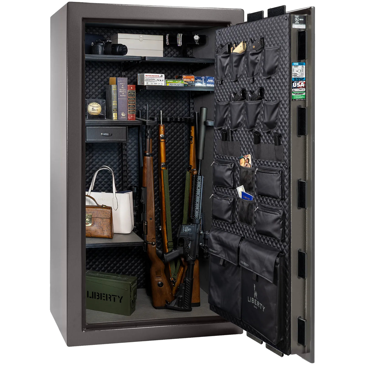 Liberty Franklin 40 safe in Gray Marble with Black Chrome hardware, Signature Diamond Stitched Leather interior, loaded storage configuration.