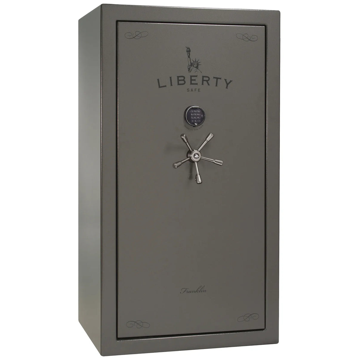 Liberty Franklin 40 safe in Gray Gloss with Black Chrome hardware and S&G electronic lock, exterior view.