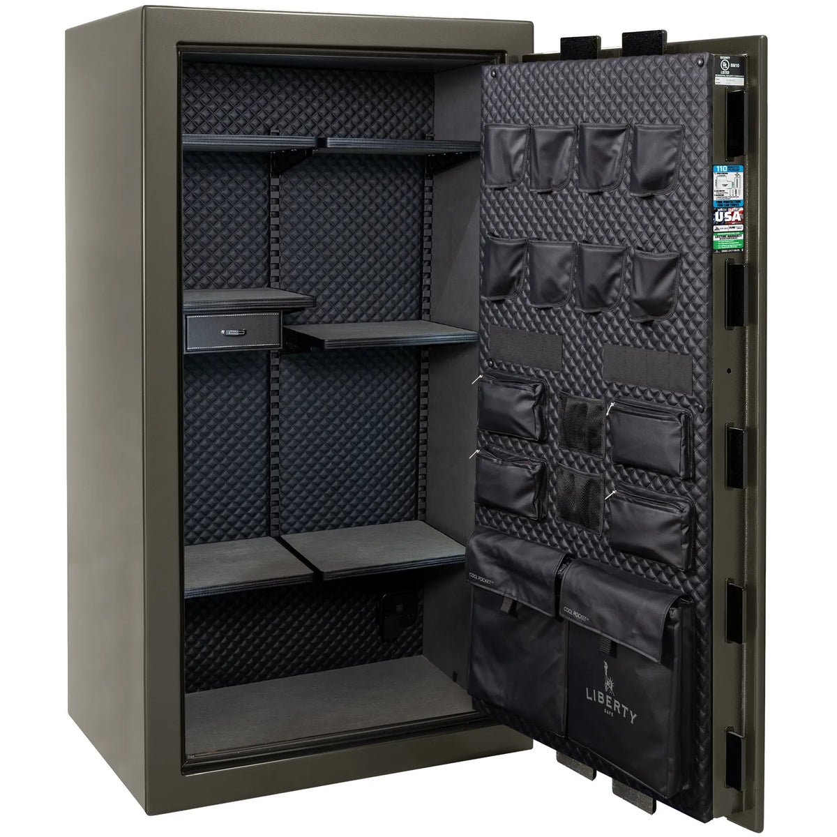 Liberty Franklin 40 safe in Gray Gloss with Black Chrome hardware, Signature Diamond Stitched Leather interior, empty.