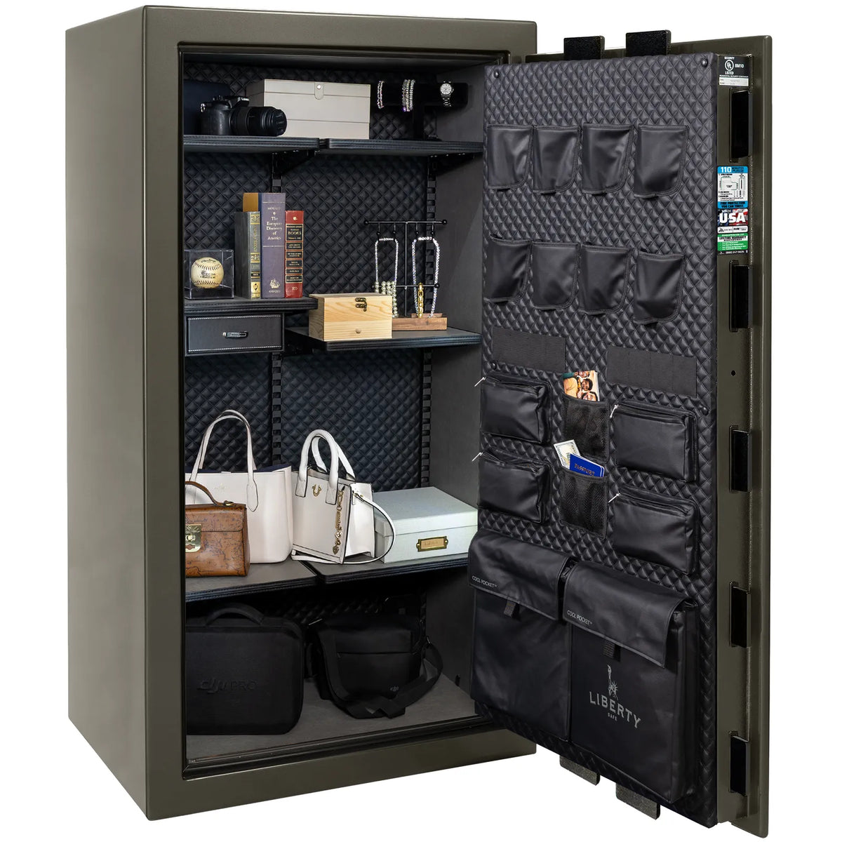 Liberty Franklin 40 safe in Gray Gloss with Black Chrome hardware, Signature Diamond Stitched Leather interior, full storage configuration without firearms.