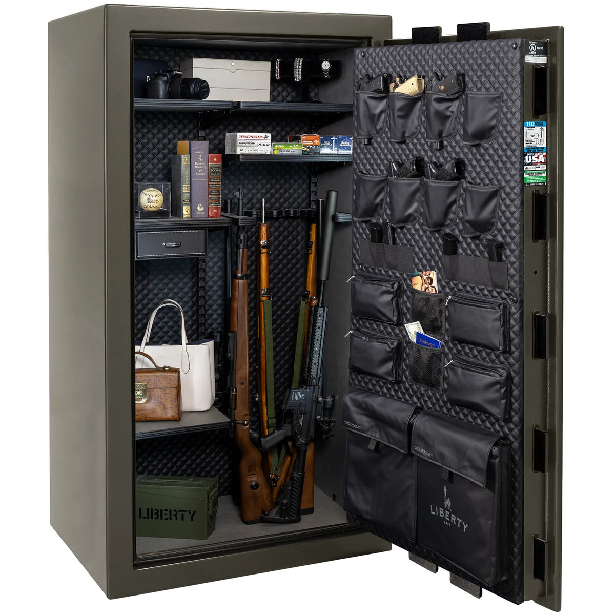Liberty Franklin 40 safe in Gray Gloss with Black Chrome hardware, Signature Diamond Stitched Leather interior, loaded storage configuration.