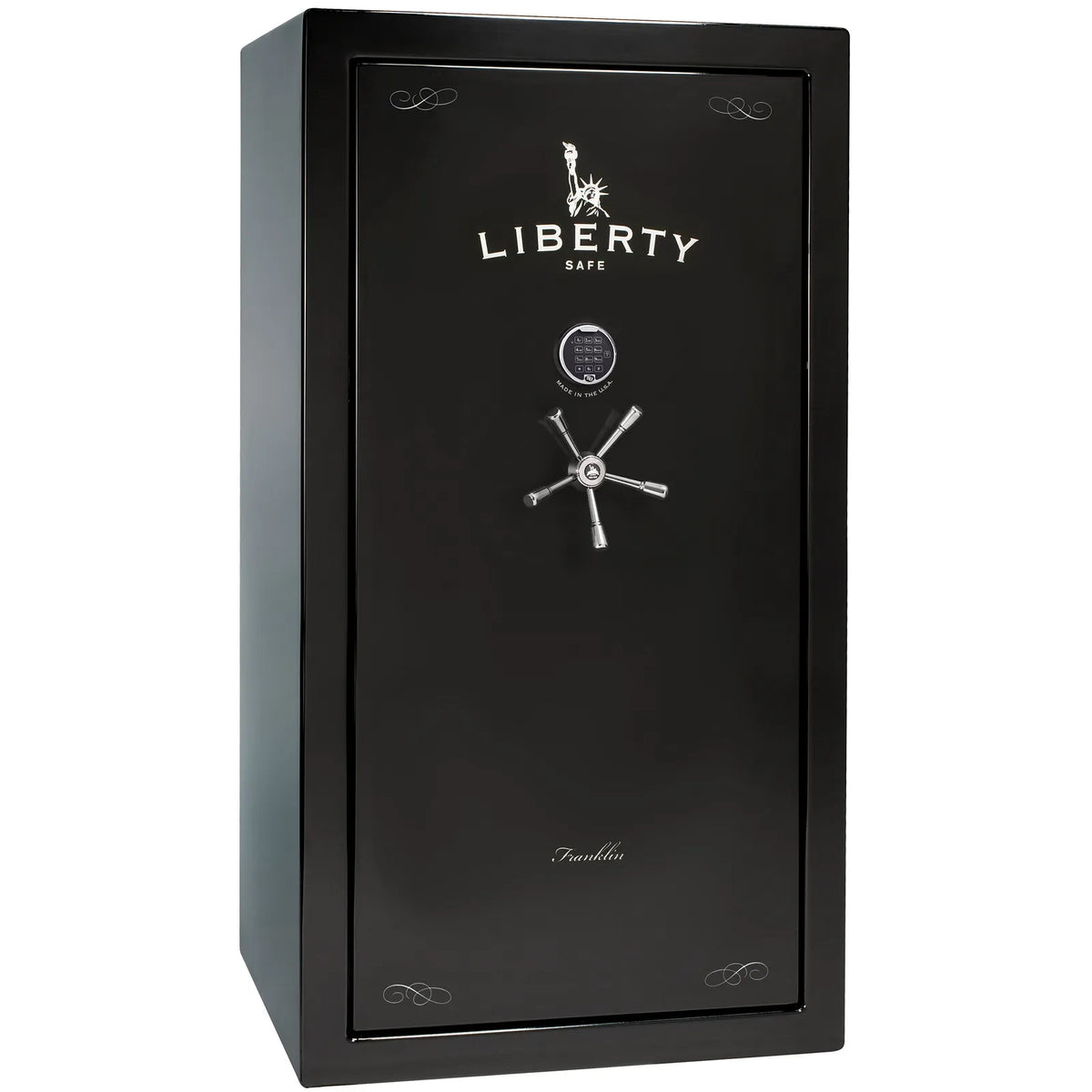 Liberty Franklin 40 safe in Black Gloss with Chrome hardware and S&G electronic lock, exterior view.