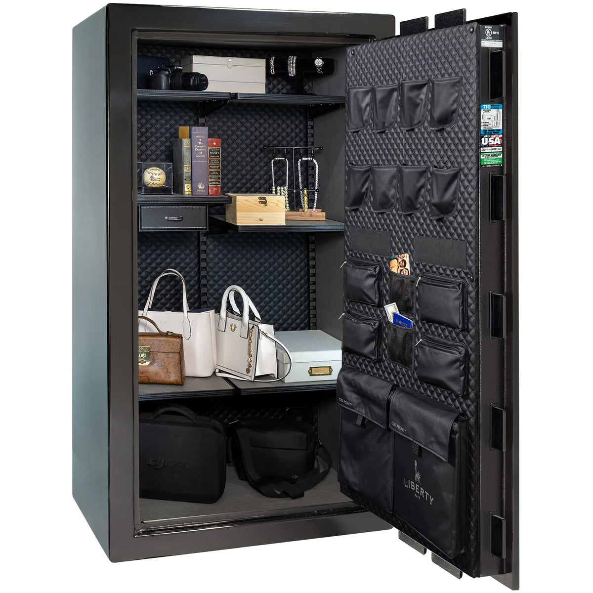 Liberty Franklin 40 safe in Black Gloss with Chrome hardware, Signature Diamond Stitched Leather interior, full storage configuration without firearms.
