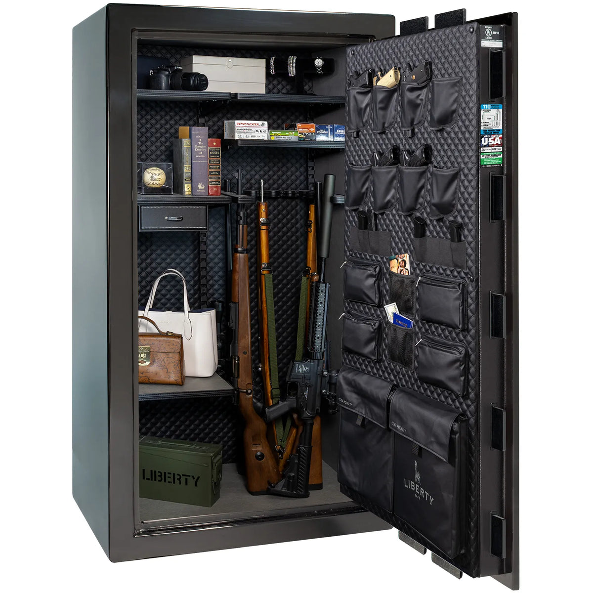 Liberty Franklin 40 safe in Black Gloss with Chrome hardware, Signature Diamond Stitched Leather interior, loaded storage configuration.