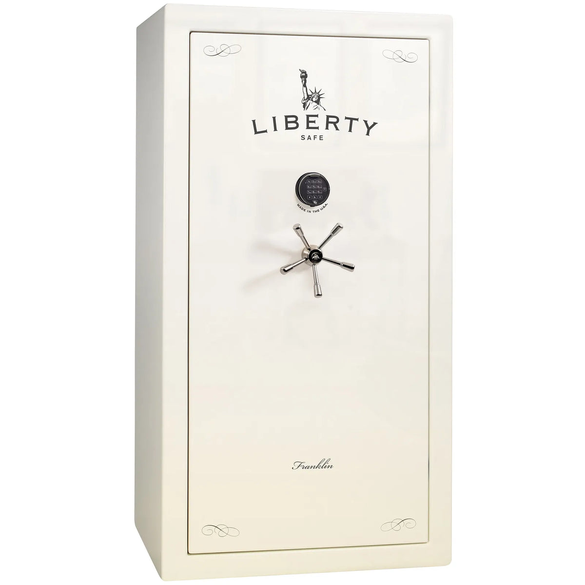 Liberty Franklin 40 safe in White Gloss with Black Chrome hardware and S&G electronic lock, exterior view.