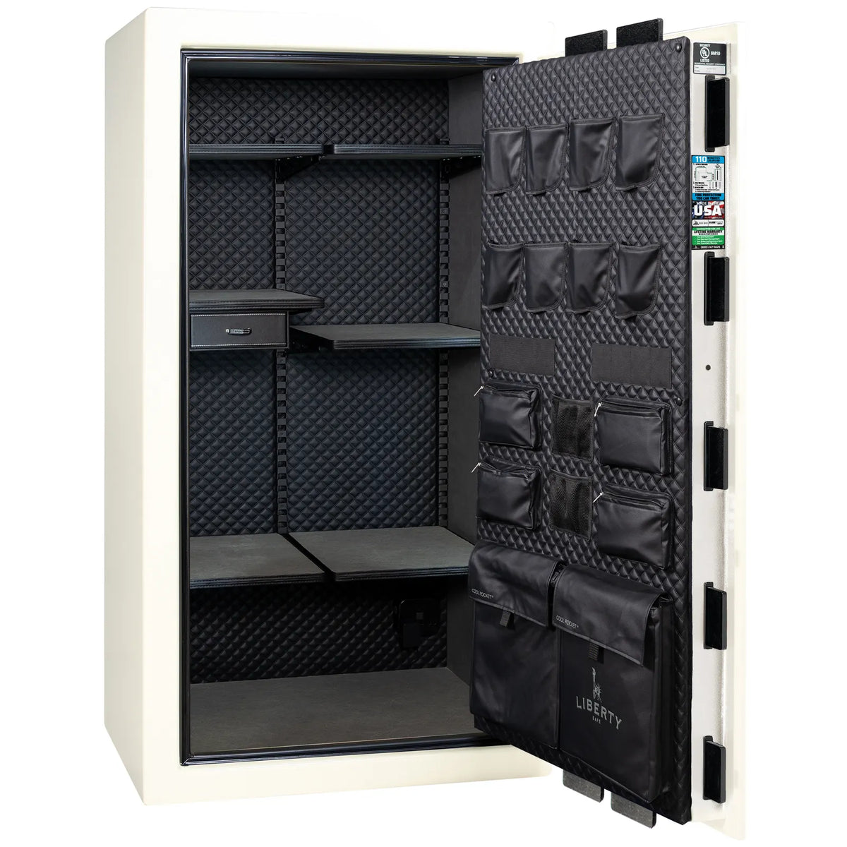 Liberty Franklin 40 safe in White Gloss with Black Chrome hardware, Signature Diamond Stitched Leather interior, empty.