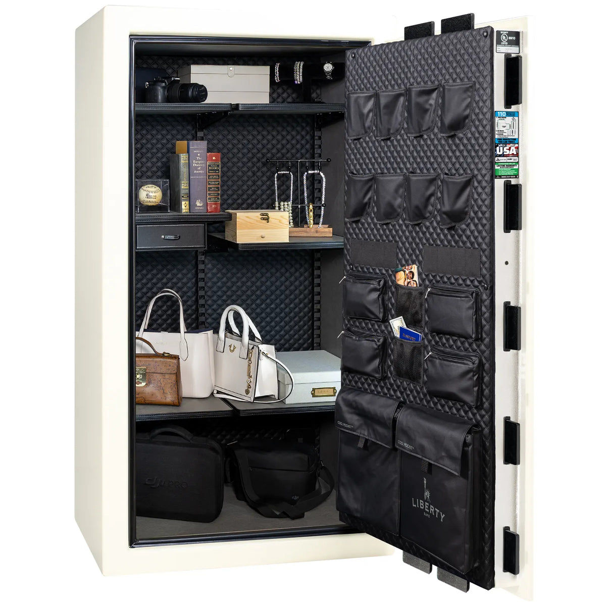Liberty Franklin 40 safe in White Gloss with Black Chrome hardware, Signature Diamond Stitched Leather interior, full storage configuration without firearms.