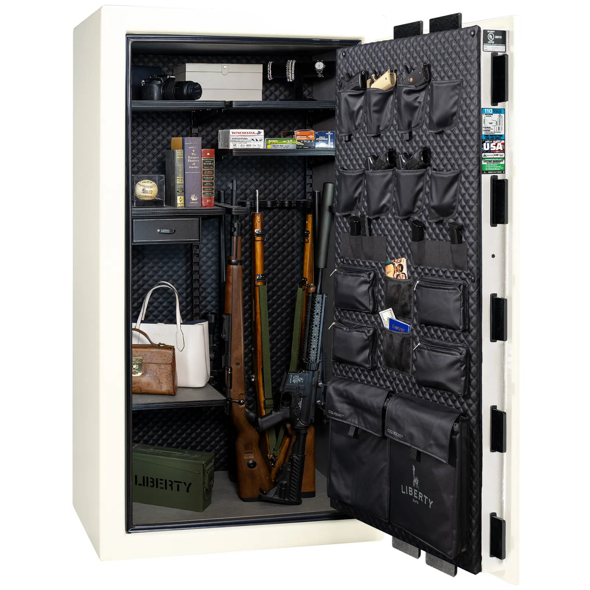 Liberty Franklin 40 safe in White Gloss with Black Chrome hardware, Signature Diamond Stitched Leather interior, loaded storage configuration.