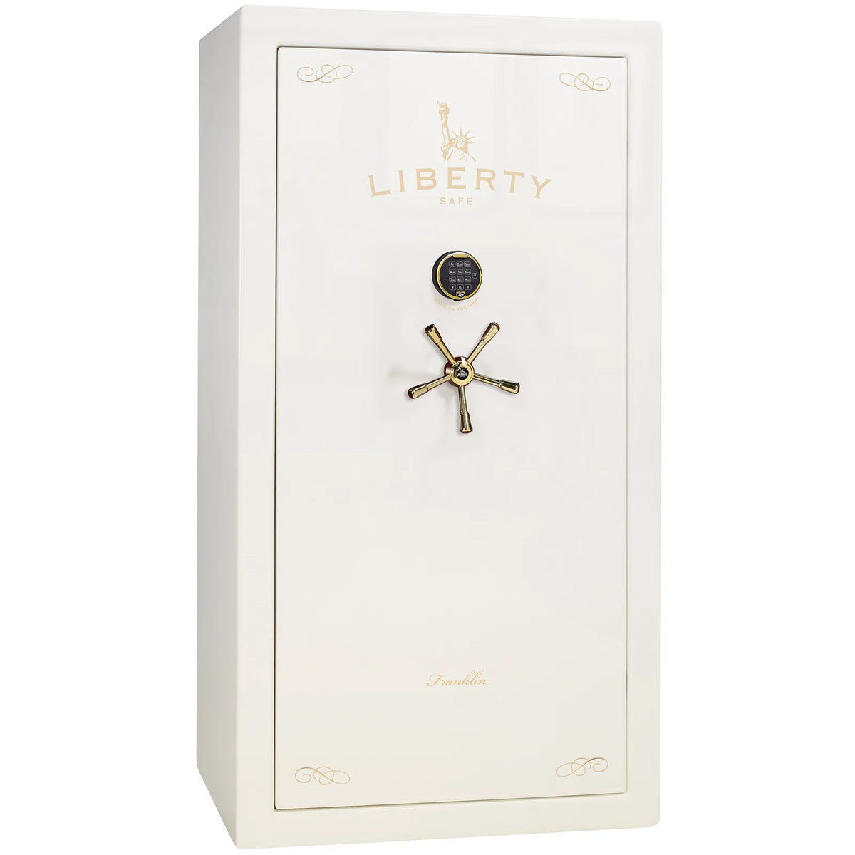 Liberty Franklin 40 safe in White Gloss with Brass hardware and S&G electronic lock, exterior view.