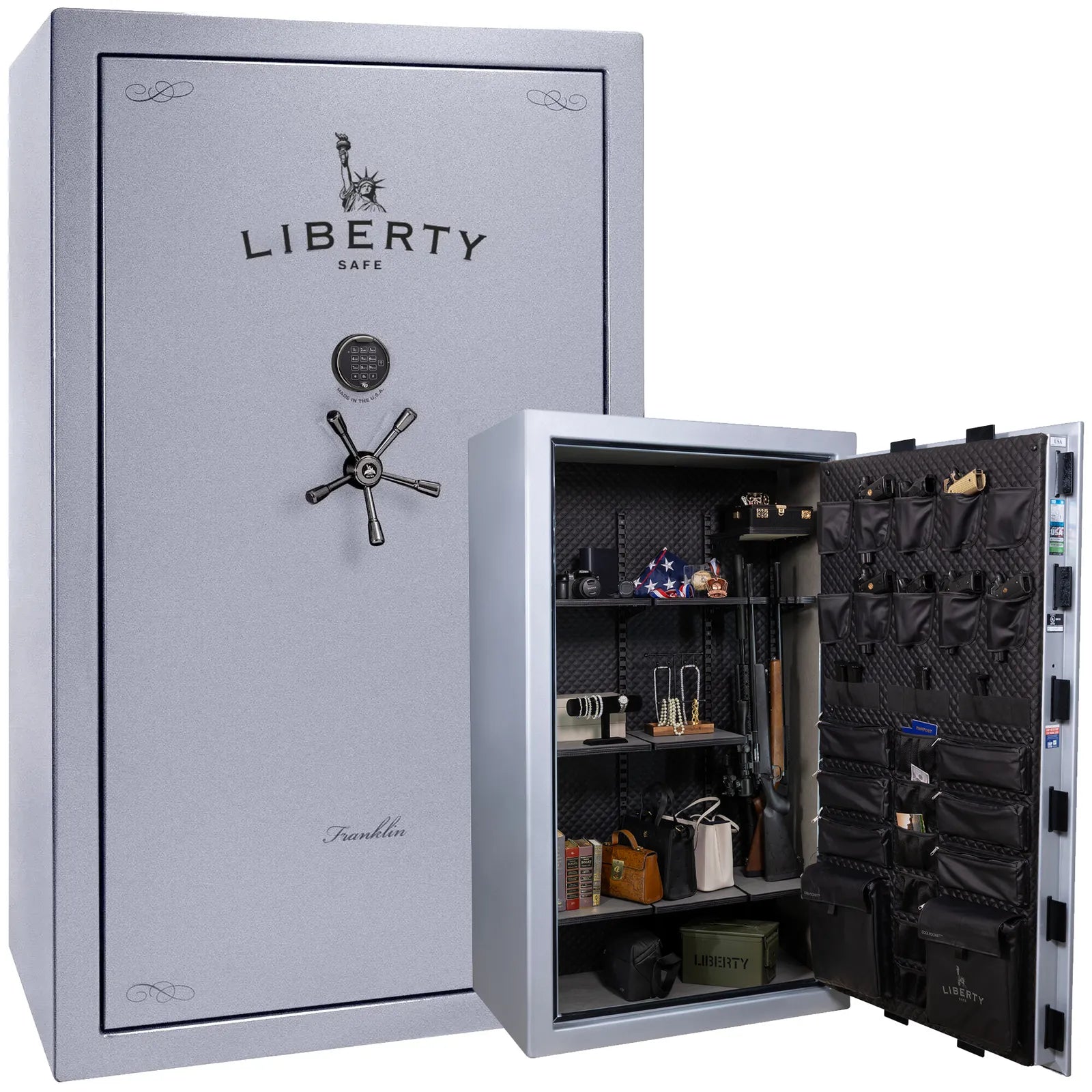 Liberty Franklin 50 safe in Glacial Steel with Black Chrome hardware and S&G electronic lock, exterior view.