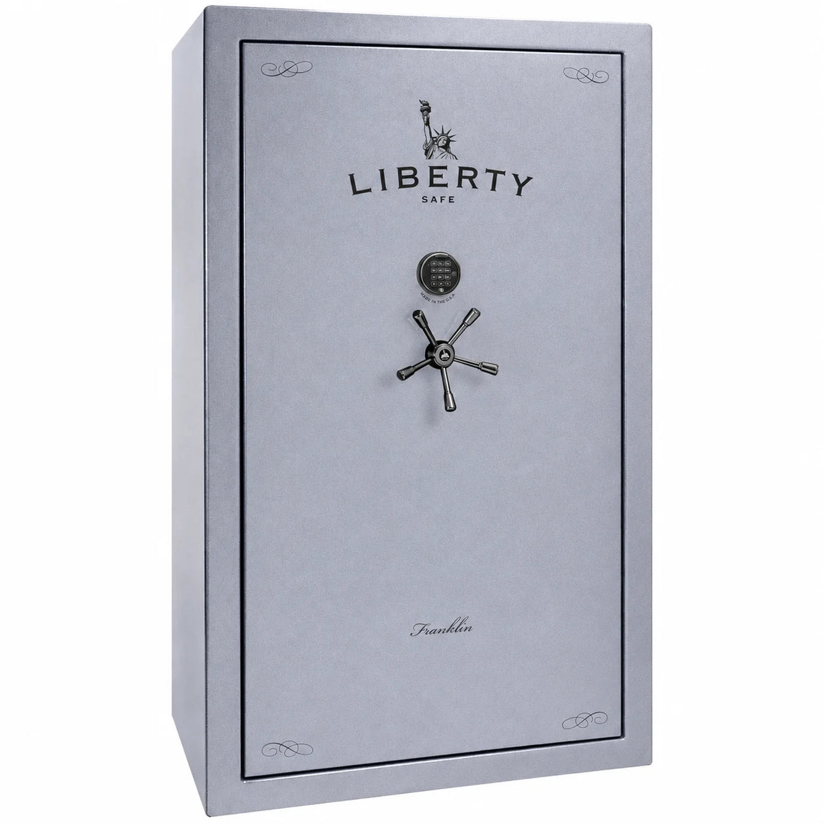Liberty Franklin 50 safe in Glacial Steel with Black Chrome hardware, exterior view.