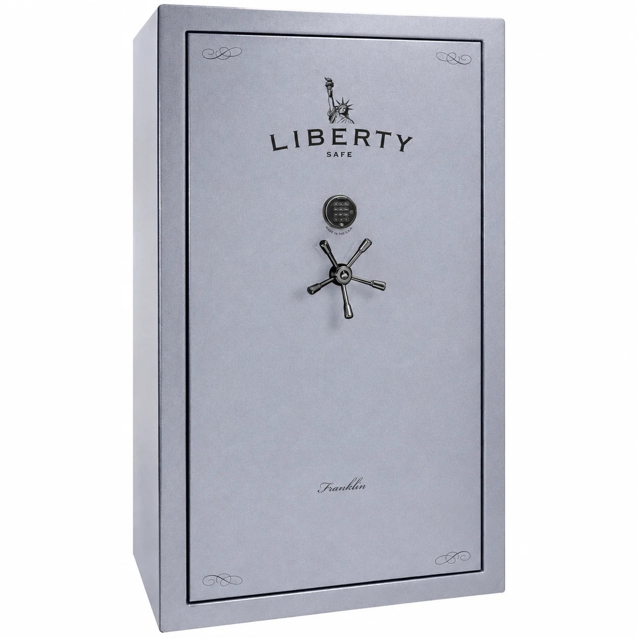 Liberty Franklin 50 safe in Glacial Steel with Black Chrome hardware, exterior view.