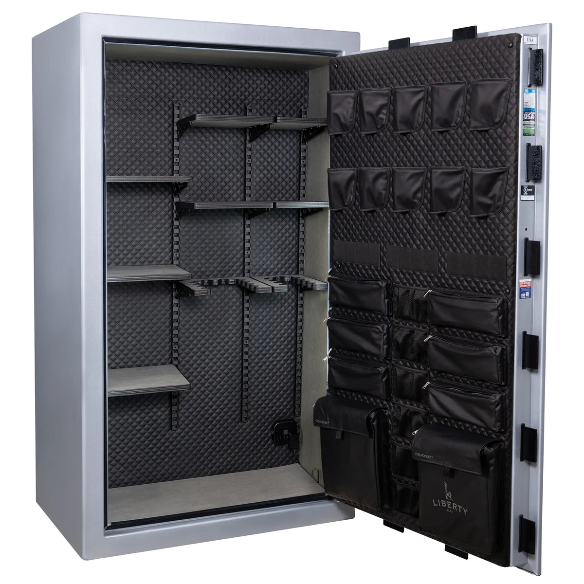 Liberty Franklin 50 safe in Glacial Steel with Black Chrome hardware, Signature Diamond Stitched Leather interior, empty.