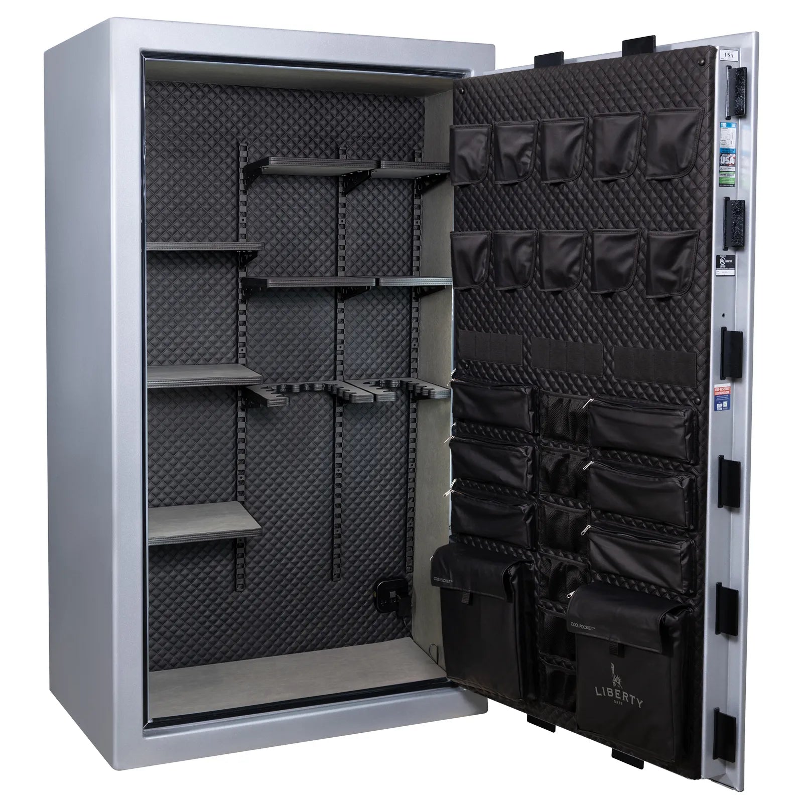 Liberty Franklin 50 safe in Glacial Steel with Black Chrome hardware and S&G electronic lock, exterior view.