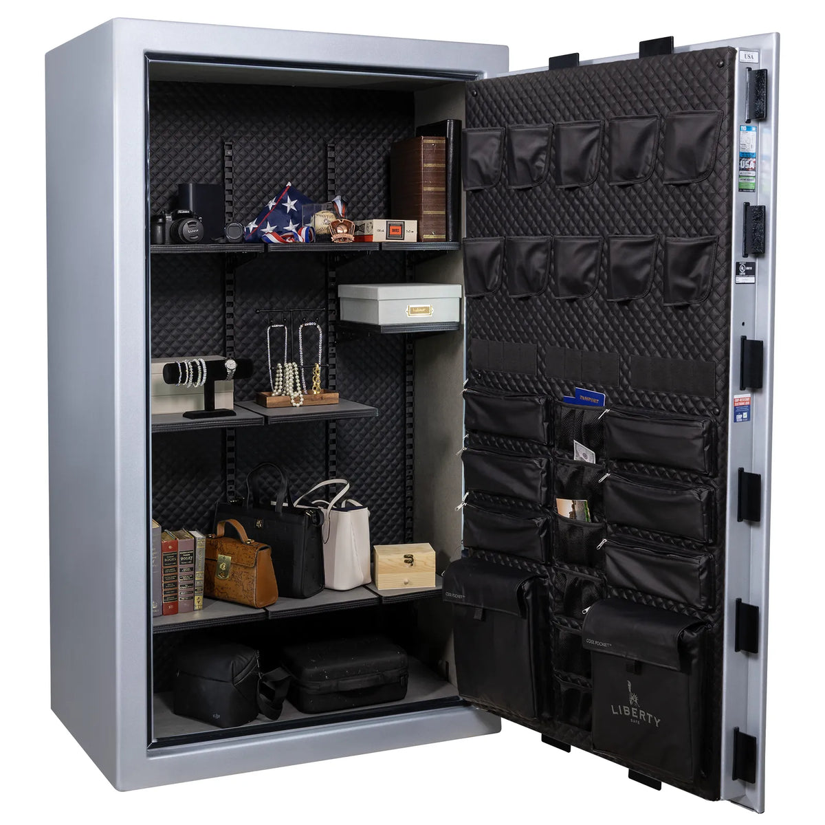 Liberty Franklin 50 safe in Glacial Steel with Black Chrome hardware, Signature Diamond Stitched Leather interior, full storage configuration without firearms.